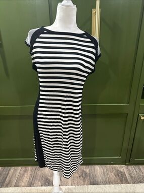 Striped Black and White Midi Dress - Women's Casual Knit
